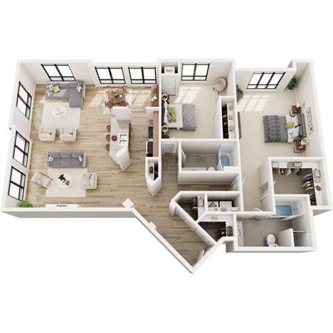 Floor plan for 2 beds, 2 baths, 1958 sqft